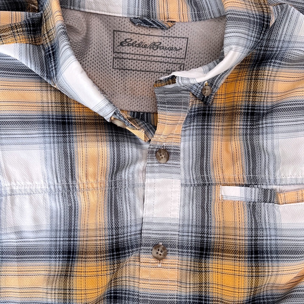 Eddie Bauer Plaid Shirt Large Mens Short Sleeve Outdoor Yellow Gray Hiking Trail
